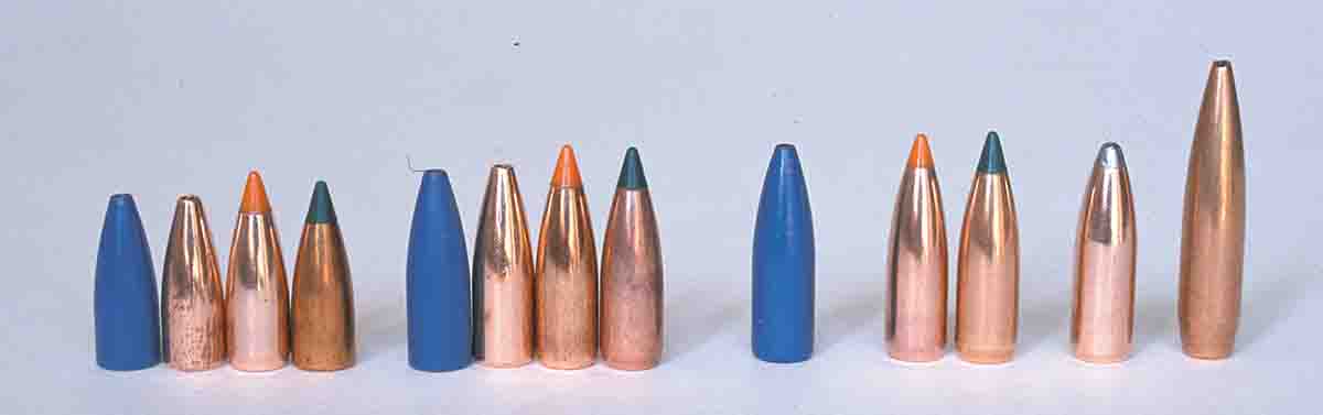 A lineup of bullets for the .223 Remington (from the left): 40-grain Barnes VLC, Barnes Varmin-A-Tor, Nosler Ballistic Tip and Sierra BlitzKing; 50-grain Barnes VLC, Barnes Varmin-A-Tor, Nosler Ballistic Tip and Sierra Blitz­King; Barnes 53-grain XLC; 55-grain Nosler Ballistic Tip and Sierra BlitzKing; Nosler 60-grain Partition; and Nosler 80-grain hollowpoint boat-tail.